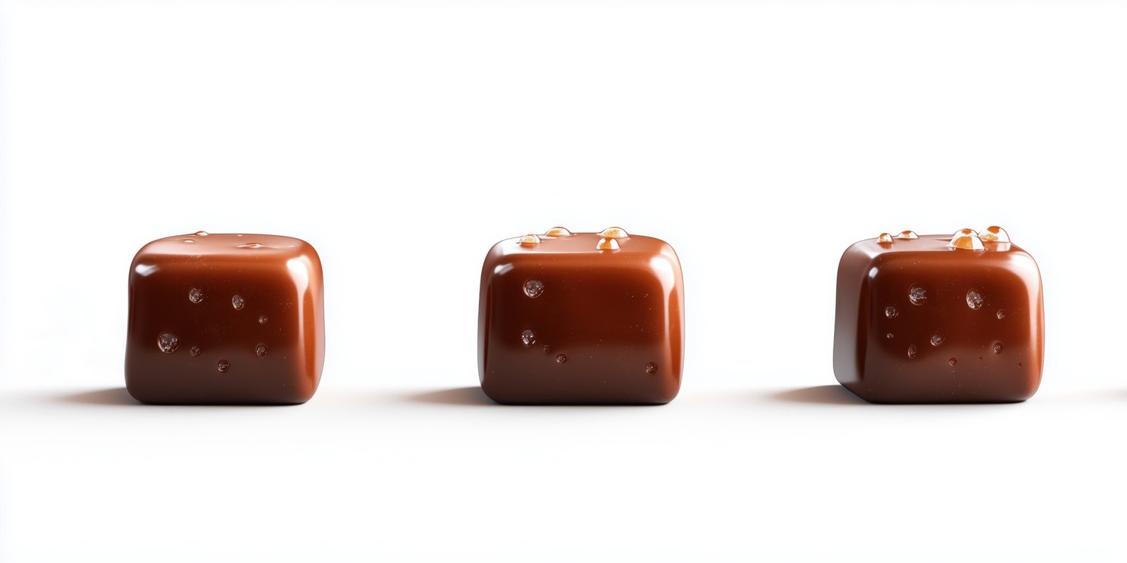 Brown chocolate cubes arranged in a row on a white surface showcasing their shiny texture and smooth design